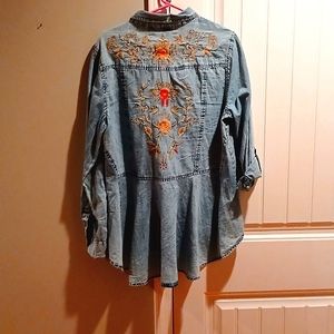 Nostalgia long sleeved embroidered denim shirt.   Size L.